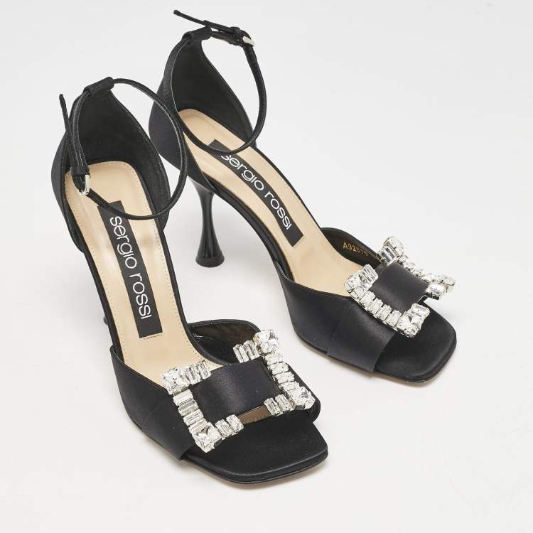 Pre Owned Sergio Rossi Black Satin Crystal Embellished Ankle Strap Sandals Size 38