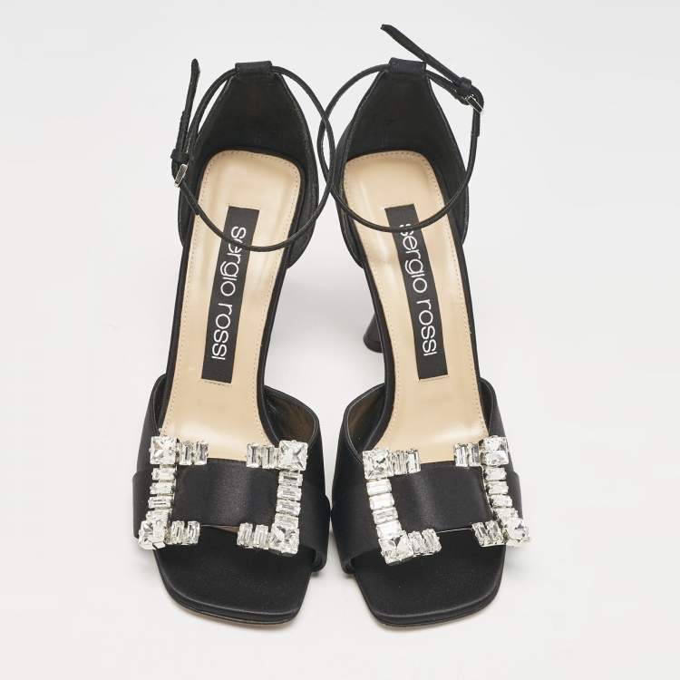 Pre Owned Sergio Rossi Black Satin Crystal Embellished Ankle Strap Sandals Size 38