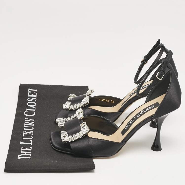 Pre Owned Sergio Rossi Black Satin Crystal Embellished Ankle Strap Sandals Size 38