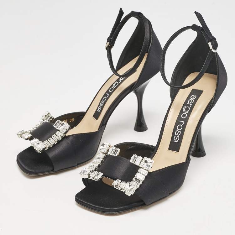Pre Owned Sergio Rossi Black Satin Crystal Embellished Ankle Strap Sandals Size 38