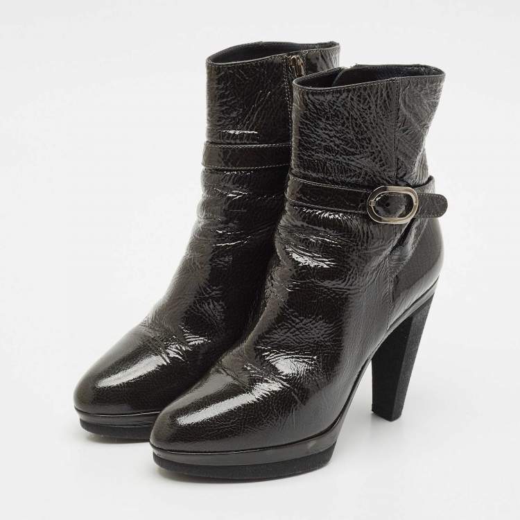 Pre Owned Sergio Rossi Grey Patent Leather Ankle Boots Size 36.5