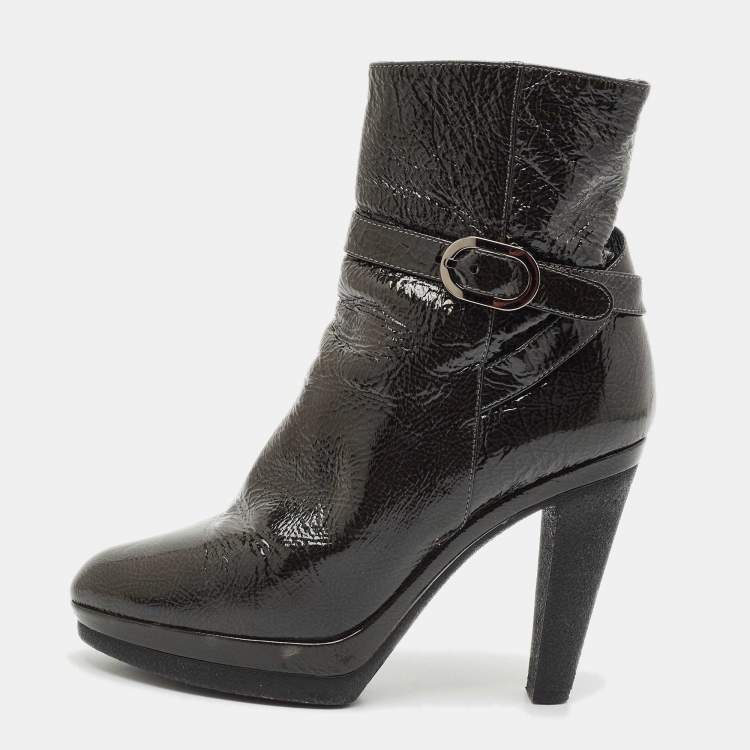 Pre Owned Sergio Rossi Grey Patent Leather Ankle Boots Size 36.5