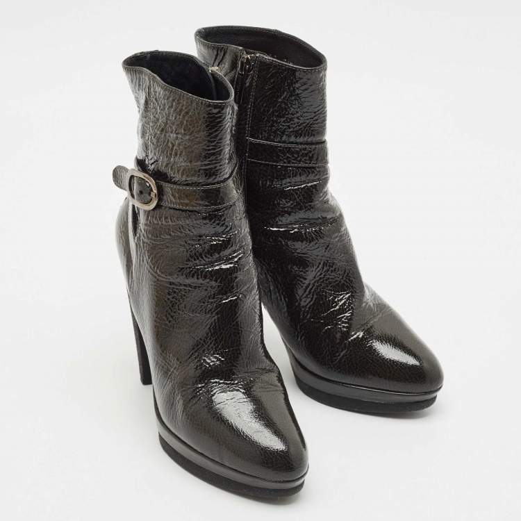 Pre Owned Sergio Rossi Grey Patent Leather Ankle Boots Size 36.5