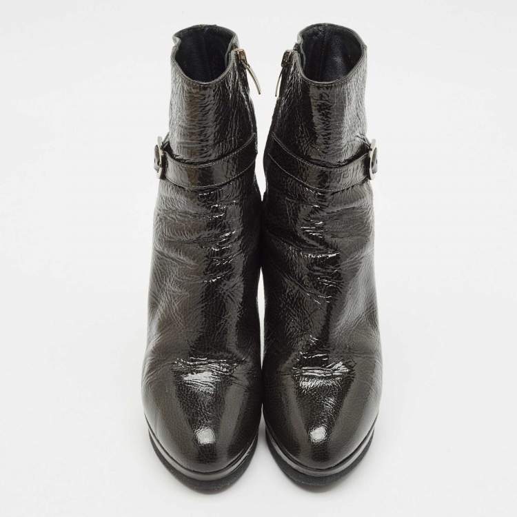 Pre Owned Sergio Rossi Grey Patent Leather Ankle Boots Size 36.5