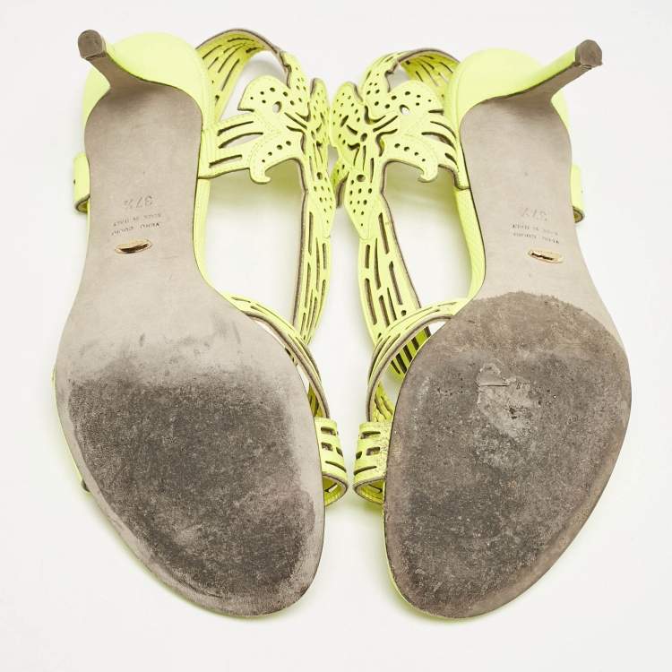 Pre Owned Sergio Rossi Lime Green Leather Lasercut Sandals Size 37.5