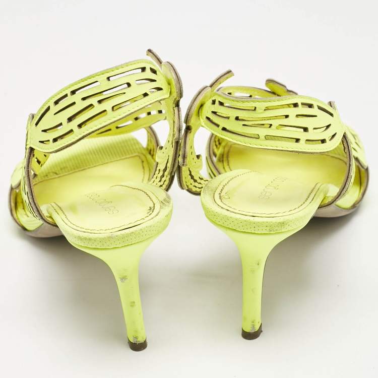 Pre Owned Sergio Rossi Lime Green Leather Lasercut Sandals Size 37.5