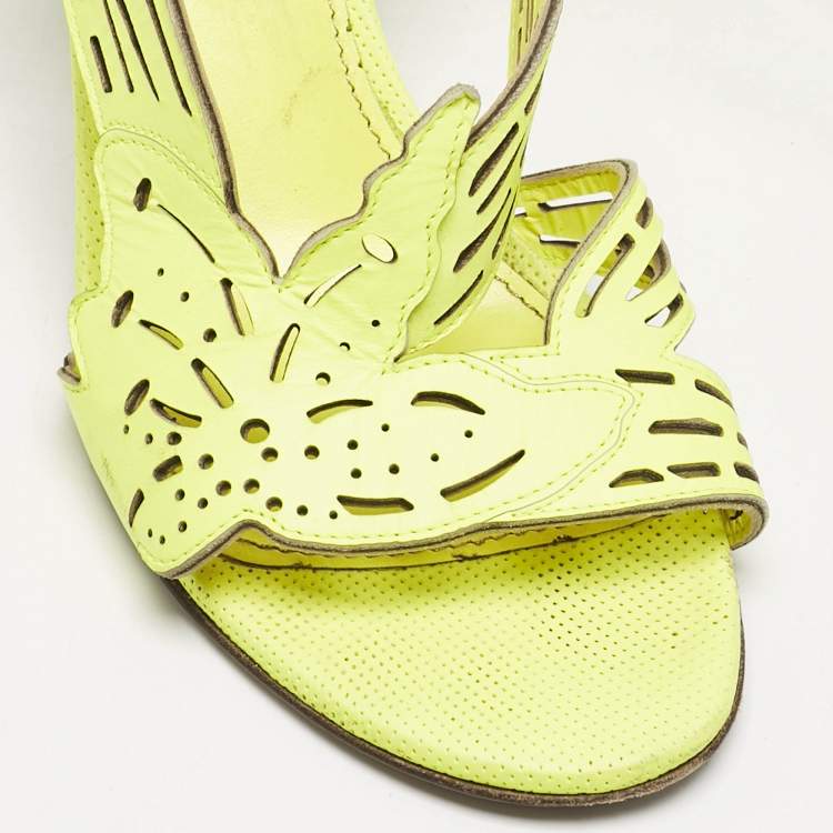 Pre Owned Sergio Rossi Lime Green Leather Lasercut Sandals Size 37.5