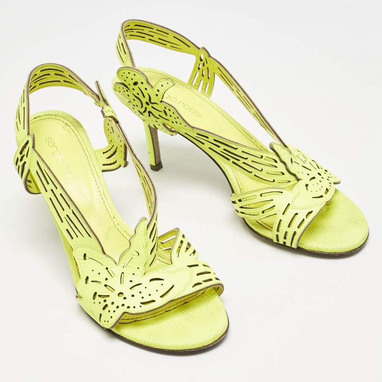Pre Owned Sergio Rossi Lime Green Leather Lasercut Sandals Size 37.5