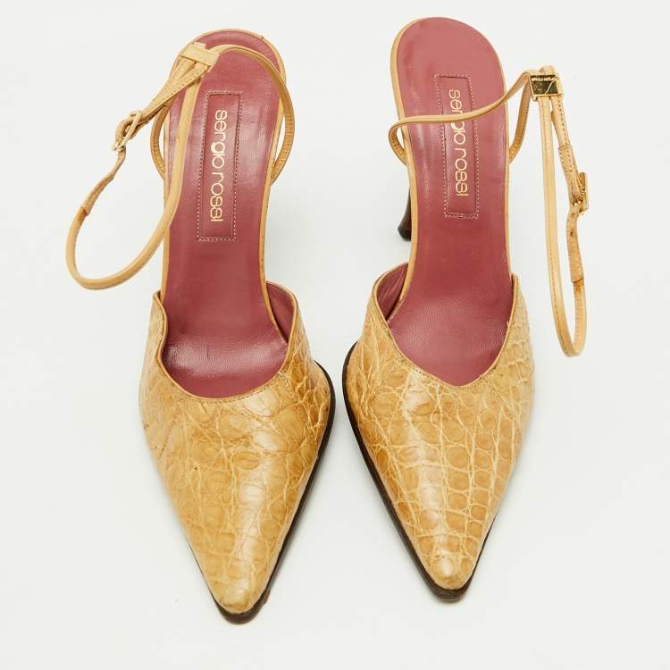 Pre Owned Sergio Rossi Beige Crocodile Leather Pointed Toe Ankle Strap Pumps Size 38.5