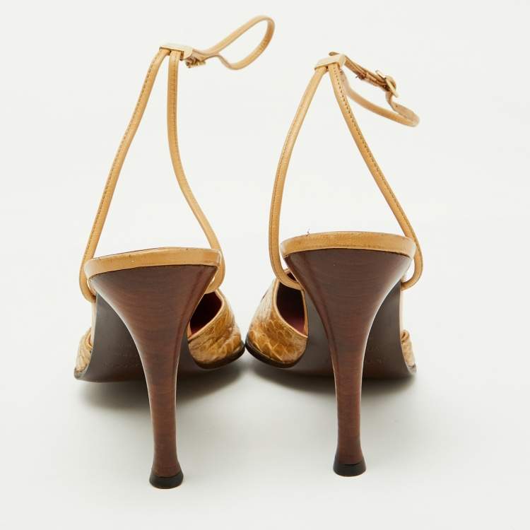 Pre Owned Sergio Rossi Beige Crocodile Leather Pointed Toe Ankle Strap Pumps Size 38.5