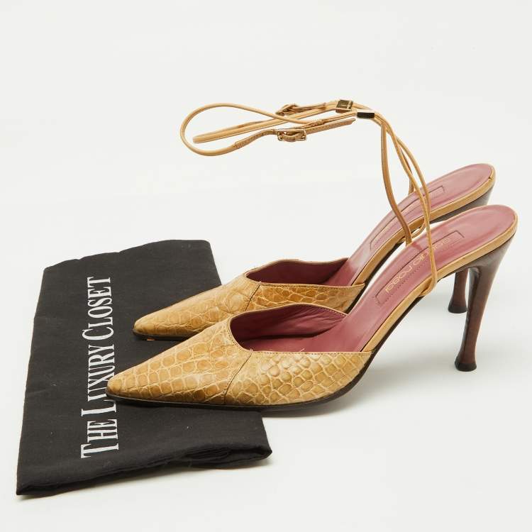 Pre Owned Sergio Rossi Beige Crocodile Leather Pointed Toe Ankle Strap Pumps Size 38.5