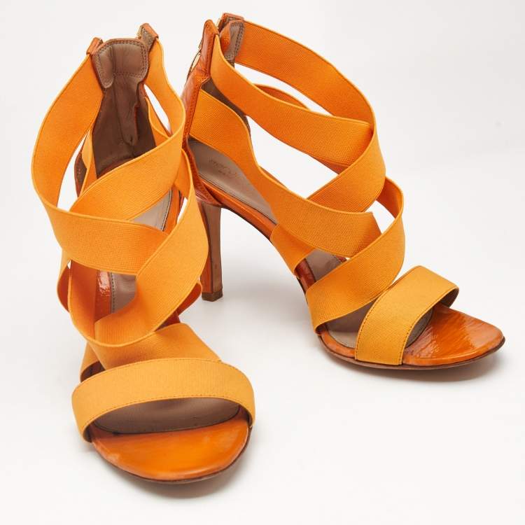 Pre Owned Sergio Rossi Orange  Leather and Elastic Strappy Sandals Size 37.5