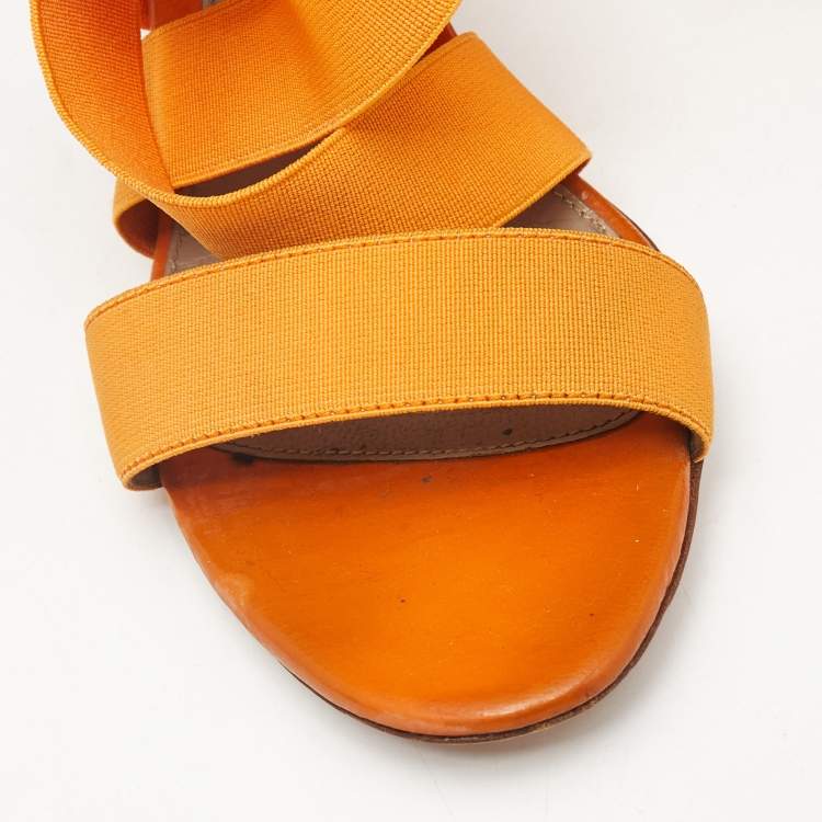 Pre Owned Sergio Rossi Orange  Leather and Elastic Strappy Sandals Size 37.5