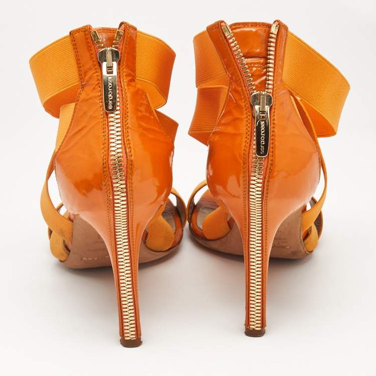 Pre Owned Sergio Rossi Orange  Leather and Elastic Strappy Sandals Size 37.5