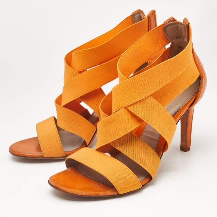 Pre Owned Sergio Rossi Orange  Leather and Elastic Strappy Sandals Size 37.5