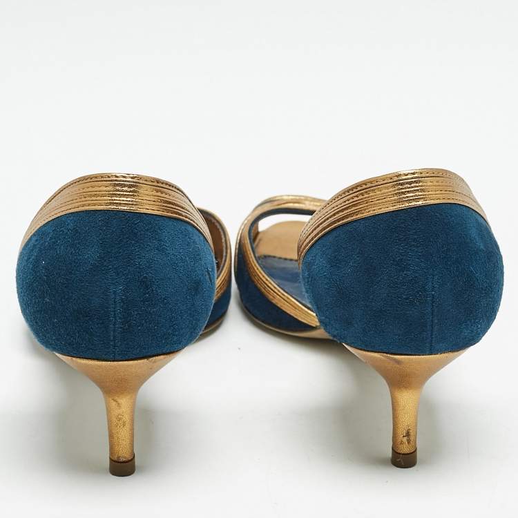 Pre Owned Sergio Rossi Navy Blue/Gold Leather and Suede Peep Toe Pumps Size 37.5