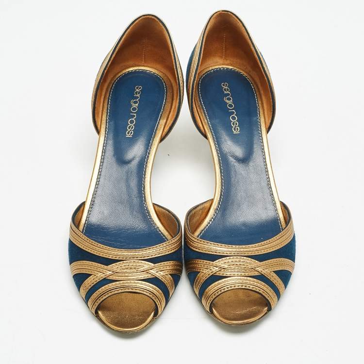 Pre Owned Sergio Rossi Navy Blue/Gold Leather and Suede Peep Toe Pumps Size 37.5