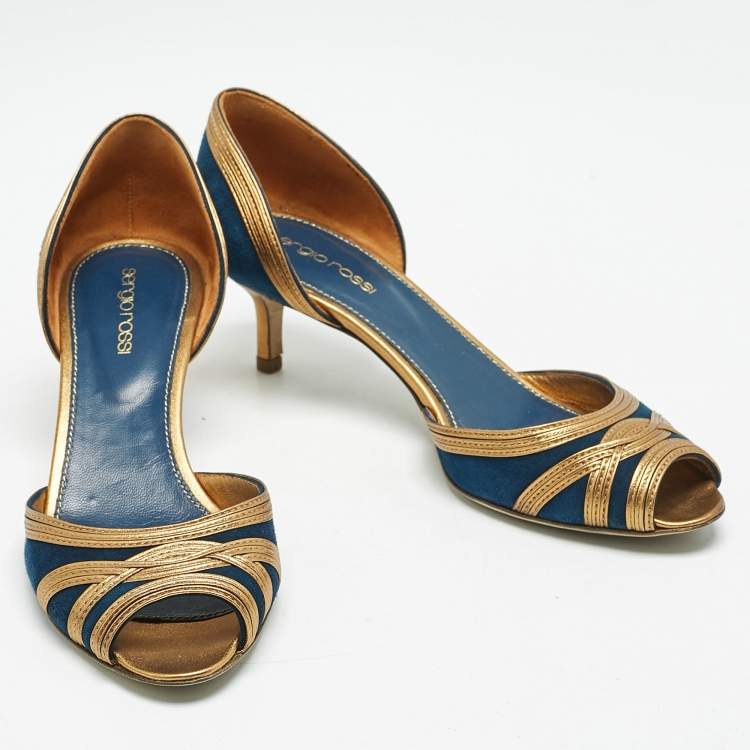 Pre Owned Sergio Rossi Navy Blue/Gold Leather and Suede Peep Toe Pumps Size 37.5