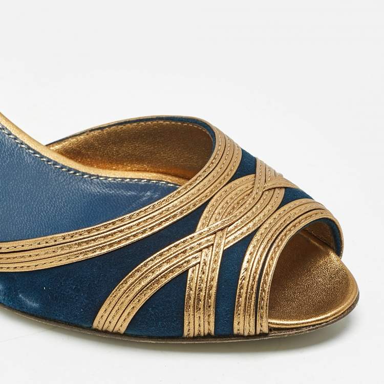 Pre Owned Sergio Rossi Navy Blue/Gold Leather and Suede Peep Toe Pumps Size 37.5