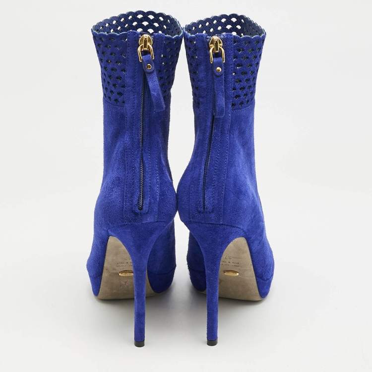 Pre Owned Sergio Rossi Blue Suede Pointed Toe Platform Ankle Boots Size 37