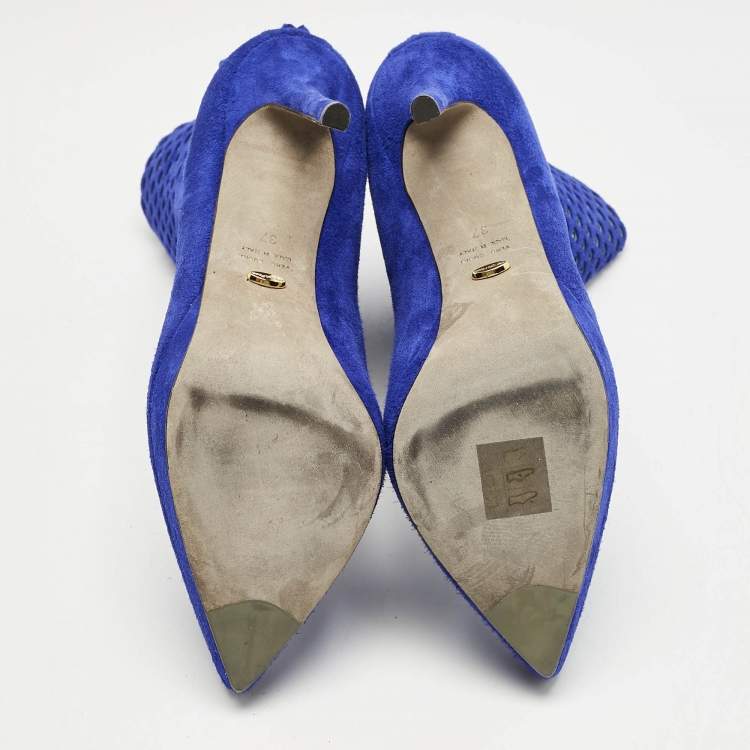 Pre Owned Sergio Rossi Blue Suede Pointed Toe Platform Ankle Boots Size 37