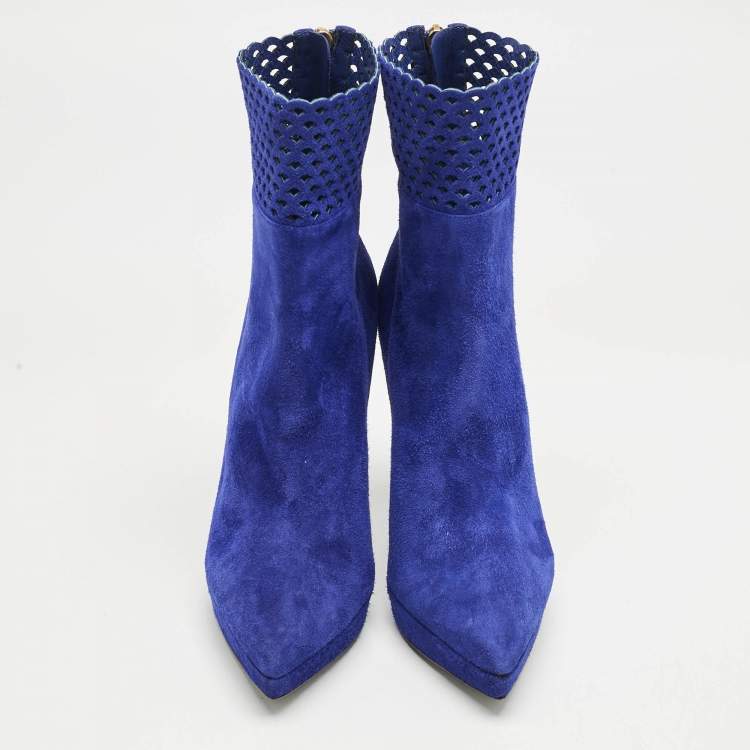 Pre Owned Sergio Rossi Blue Suede Pointed Toe Platform Ankle Boots Size 37