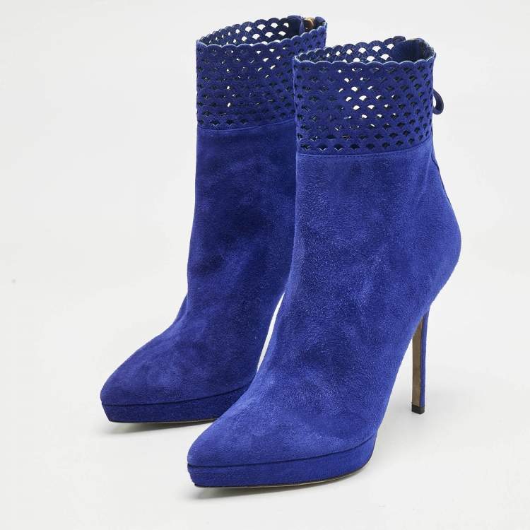 Pre Owned Sergio Rossi Blue Suede Pointed Toe Platform Ankle Boots Size 37