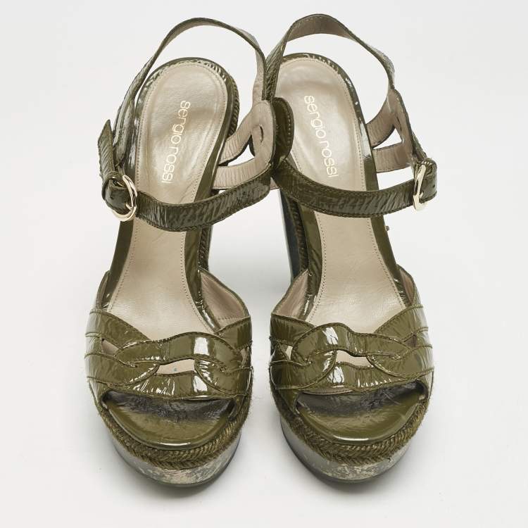 Pre Owned Sergio Rossi Olive Green Patent Leather Platform Ankle Strap Sandals Size 38