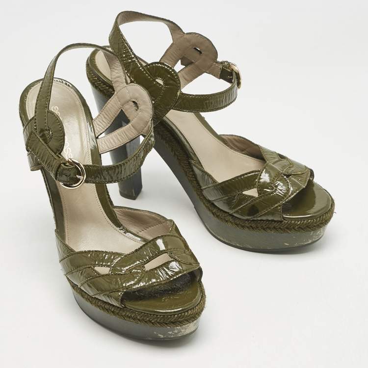 Pre Owned Sergio Rossi Olive Green Patent Leather Platform Ankle Strap Sandals Size 38