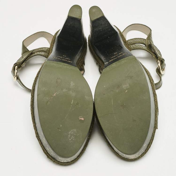 Pre Owned Sergio Rossi Olive Green Patent Leather Platform Ankle Strap Sandals Size 38