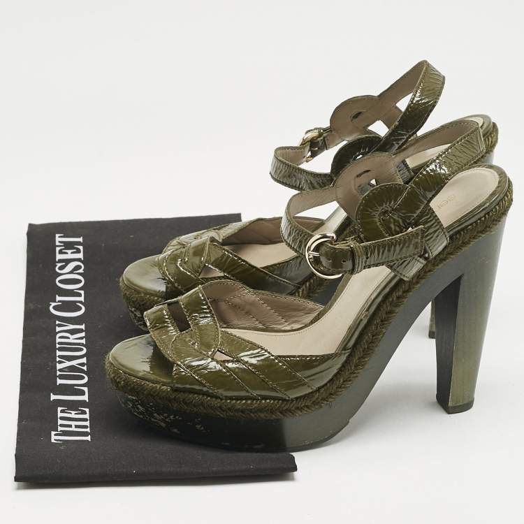 Pre Owned Sergio Rossi Olive Green Patent Leather Platform Ankle Strap Sandals Size 38