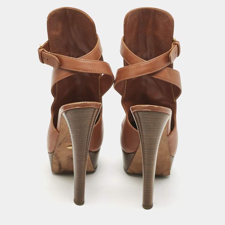 Pre Owned Sergio Rossi Brown Leather Cross Strap Booties Size 37