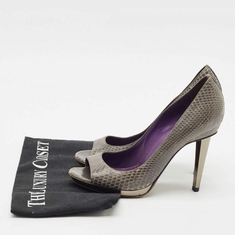 Pre Owned Sergio Rossi Dark Grey Snakeskin Leather Open Toe Pumps Size 37