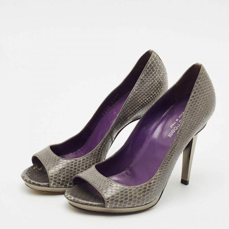 Pre Owned Sergio Rossi Dark Grey Snakeskin Leather Open Toe Pumps Size 37