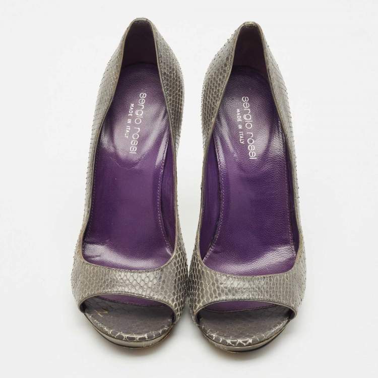 Pre Owned Sergio Rossi Dark Grey Snakeskin Leather Open Toe Pumps Size 37