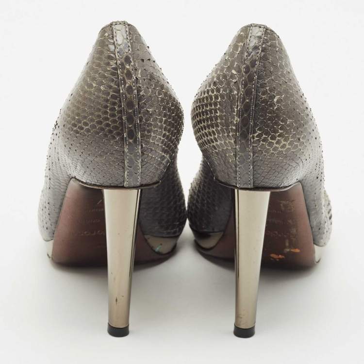 Pre Owned Sergio Rossi Dark Grey Snakeskin Leather Open Toe Pumps Size 37