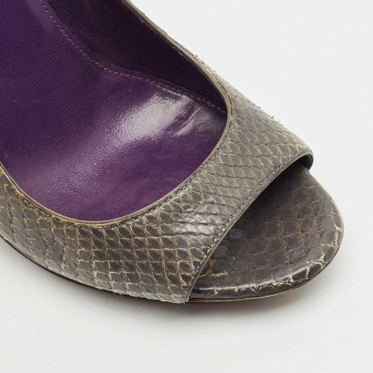 Pre Owned Sergio Rossi Dark Grey Snakeskin Leather Open Toe Pumps Size 37
