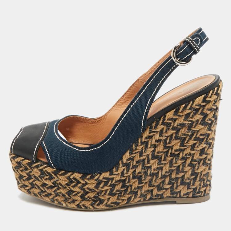 Pre Owned Sergio Rossi Navy Blue/Black Canvas and Leather Wedge Sandals Size 37