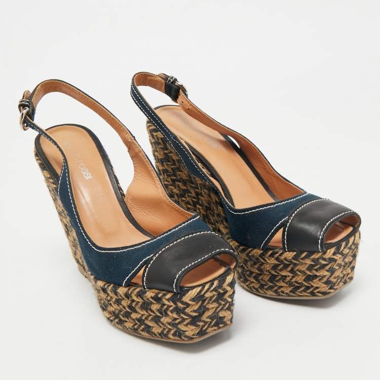 Pre Owned Sergio Rossi Navy Blue/Black Canvas and Leather Wedge Sandals Size 37