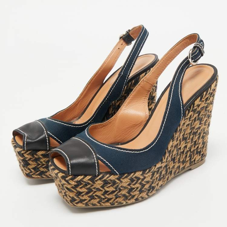 Pre Owned Sergio Rossi Navy Blue/Black Canvas and Leather Wedge Sandals Size 37
