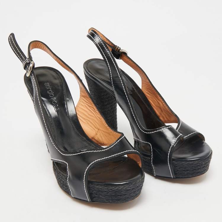 Pre Owned Sergio Rossi Black Leather Open Toe Slingback Espadrille Sandals Size 37