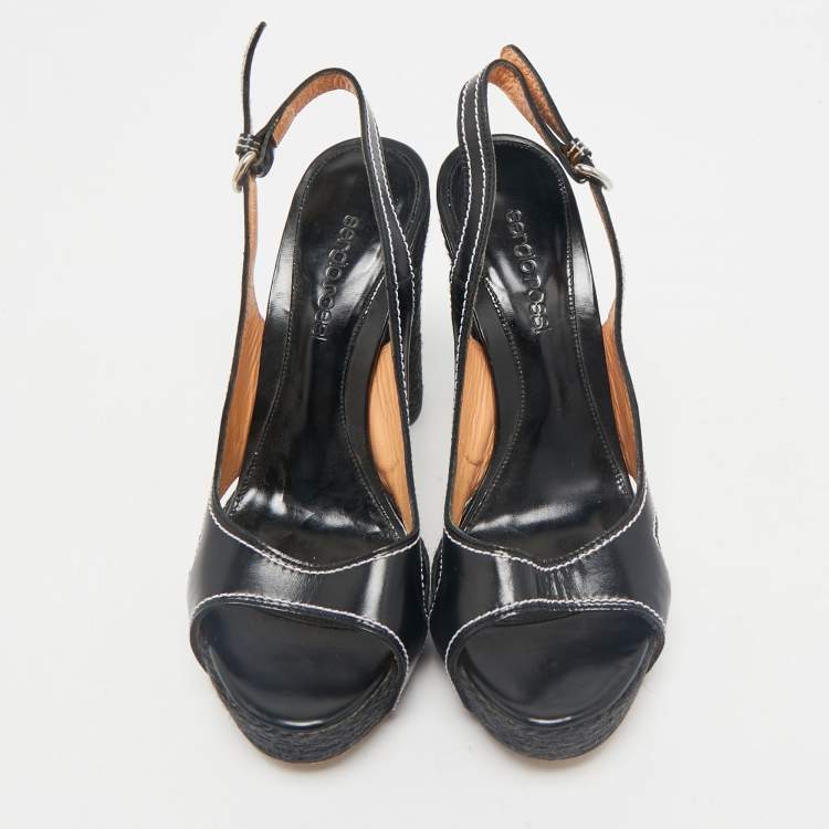 Pre Owned Sergio Rossi Black Leather Open Toe Slingback Espadrille Sandals Size 37
