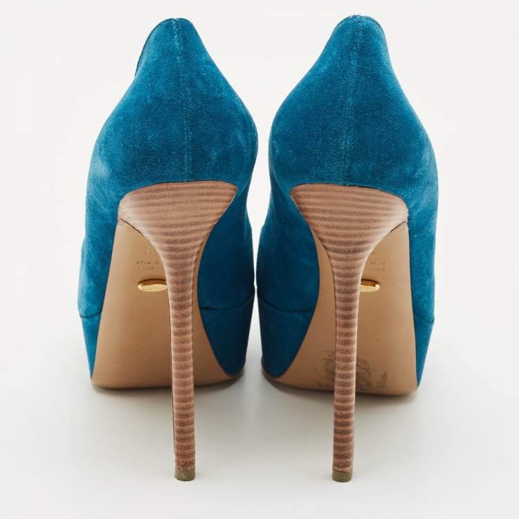 Pre Owned Sergio Rossi Blue Suede Peep Toe Platform Pumps Size 38.5