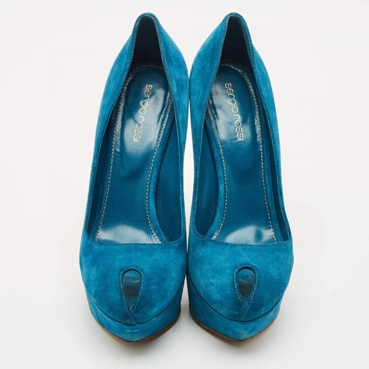 Pre Owned Sergio Rossi Blue Suede Peep Toe Platform Pumps Size 38.5