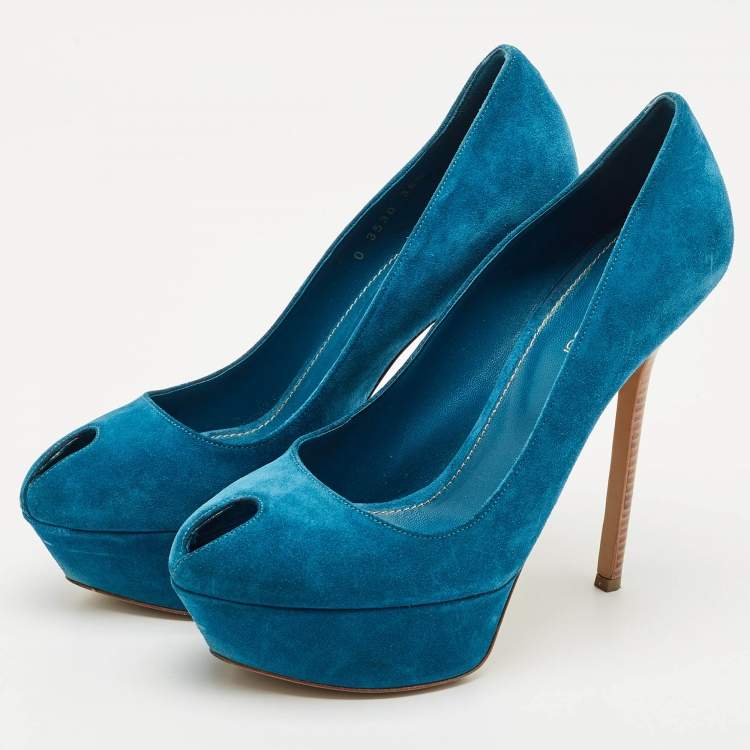 Pre Owned Sergio Rossi Blue Suede Peep Toe Platform Pumps Size 38.5