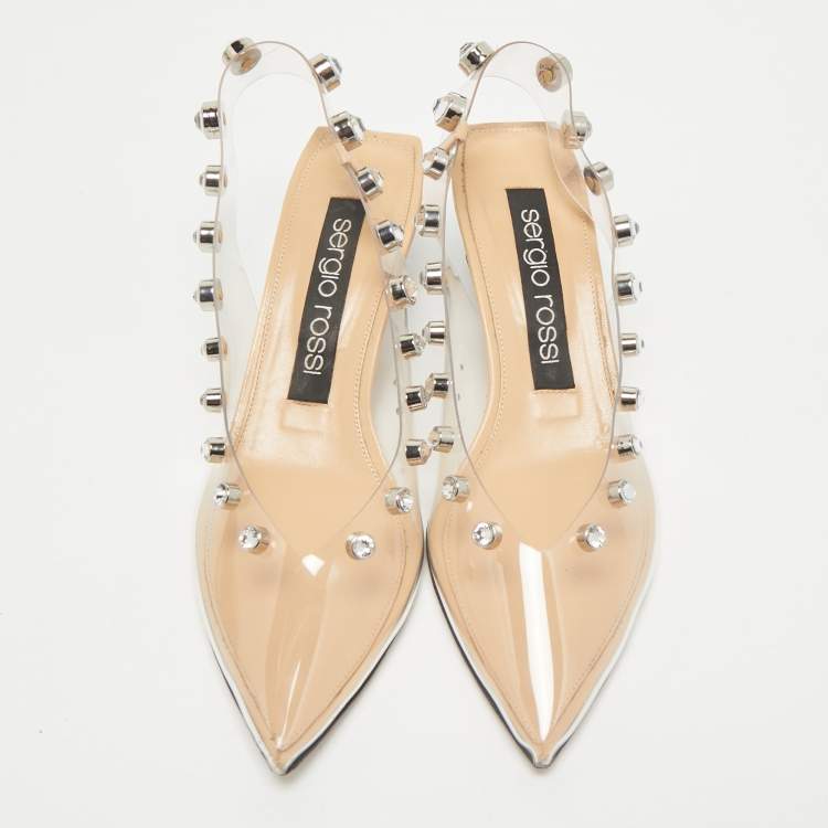 Pre Owned Sergio Rossi Beige/Black PVC Crystals Embellished Slingback Pumps Size 38.5