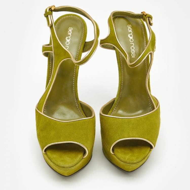 Pre Owned Sergio Rossi Green/Gold Suede and Leather Platform Sandals Size 37