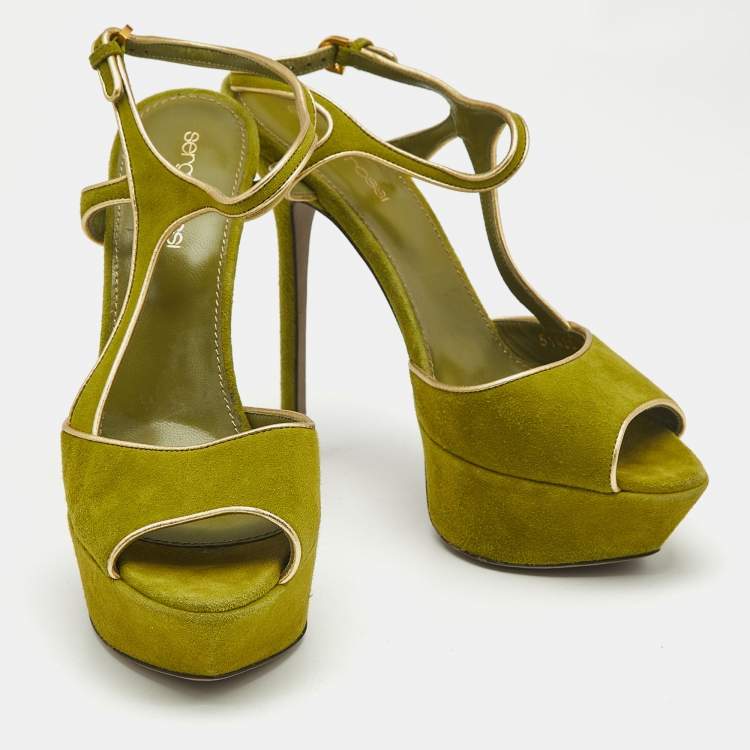 Pre Owned Sergio Rossi Green/Gold Suede and Leather Platform Sandals Size 37