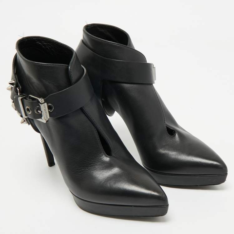 Pre Owned Sergio Rossi Black Leather Studded Ankle Length Platform Boots Size 38