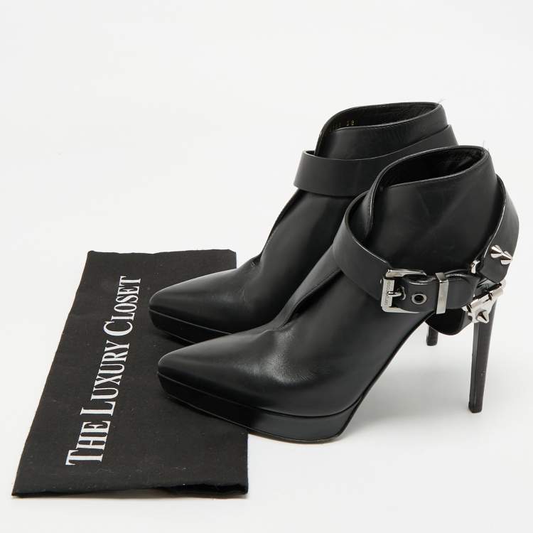 Pre Owned Sergio Rossi Black Leather Studded Ankle Length Platform Boots Size 38
